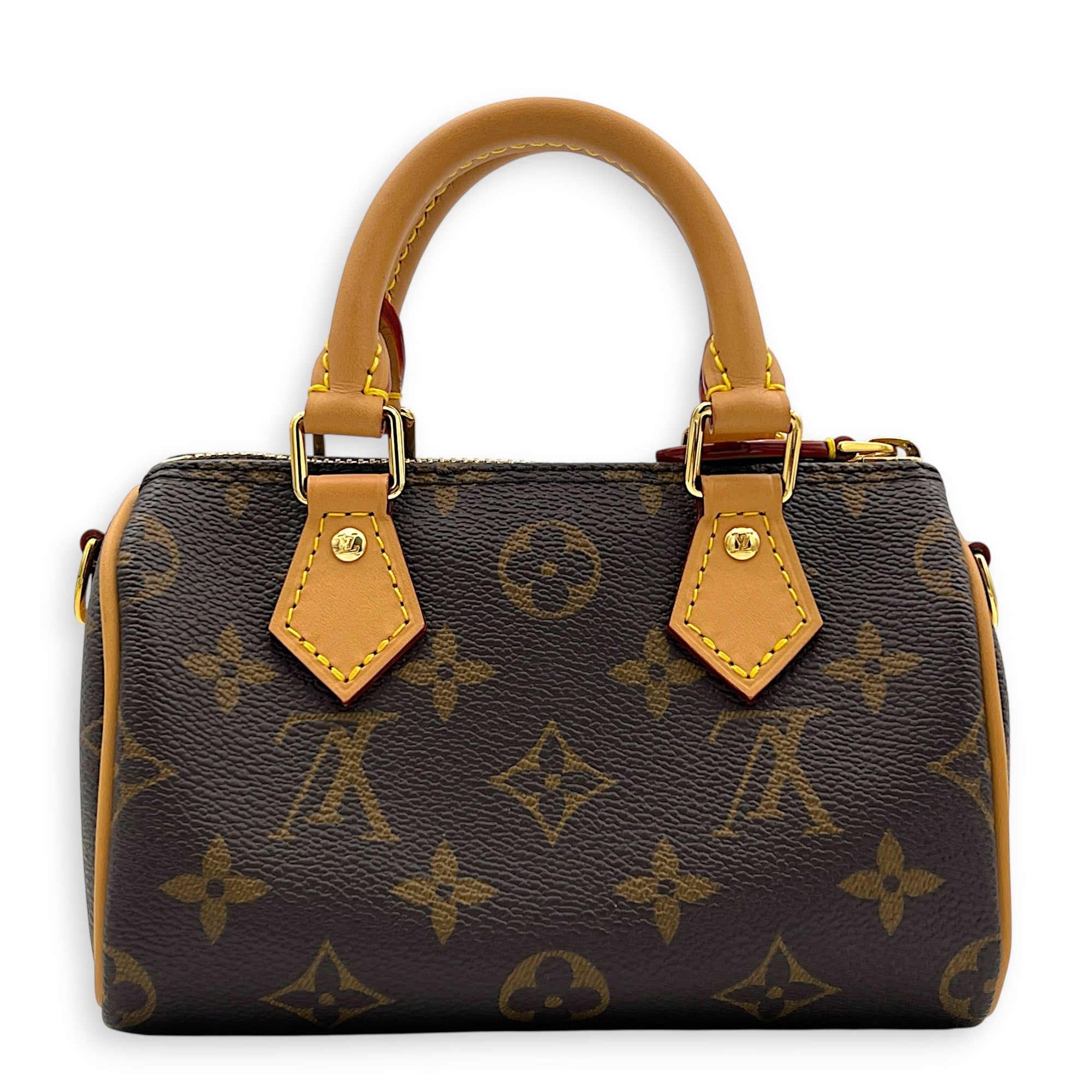 Speedy Top Handle Bag Nano Brown in Coated Canvas, Gold hardware