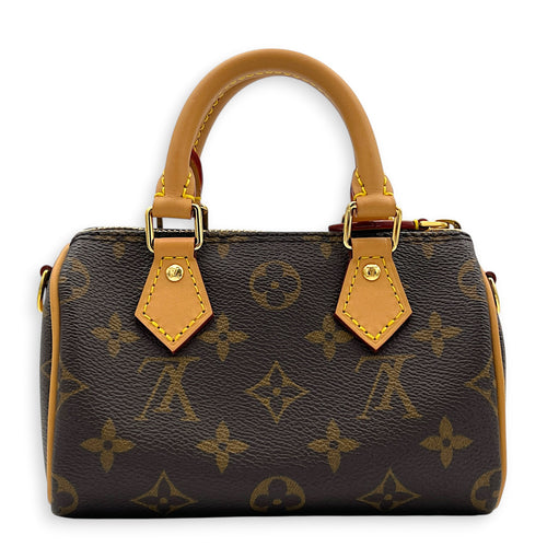 Speedy Top Handle Bag Nano Brown in Coated Canvas, Gold hardware