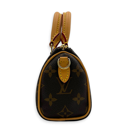 Speedy Top Handle Bag Nano Brown in Coated Canvas, Gold hardware