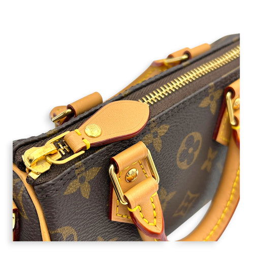 Speedy Top Handle Bag Nano Brown in Coated Canvas, Gold hardware