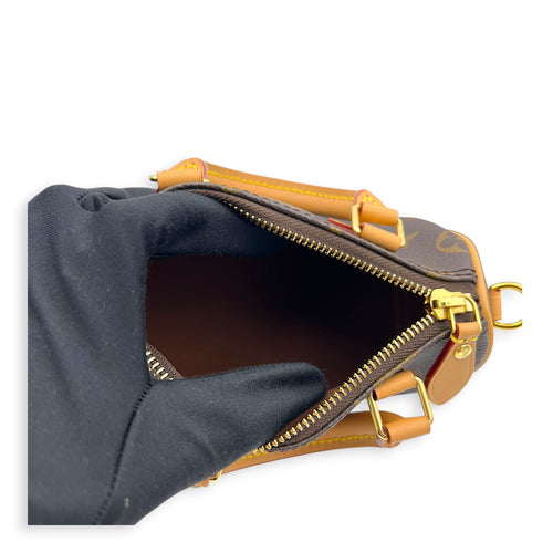 Speedy Top Handle Bag Nano Brown in Coated Canvas, Gold hardware