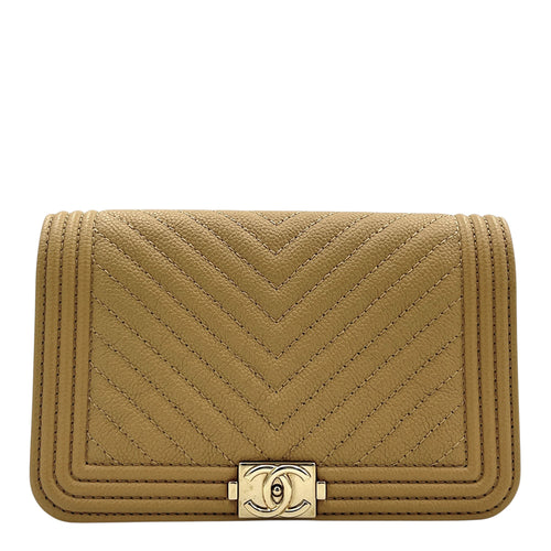 Boy Beige Wallet On Chain in Caviar Leather, Gold hardware