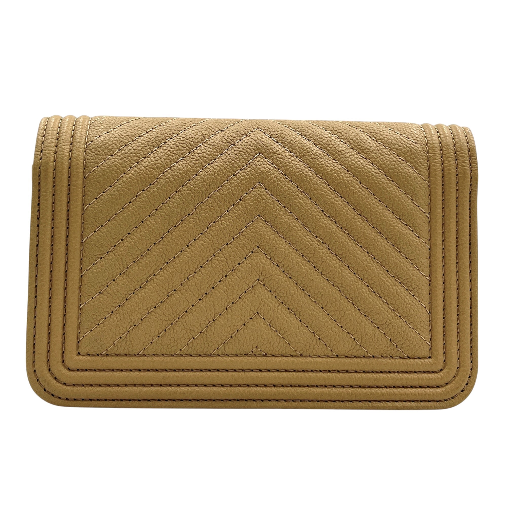 Boy Beige Wallet On Chain in Caviar Leather, Gold hardware