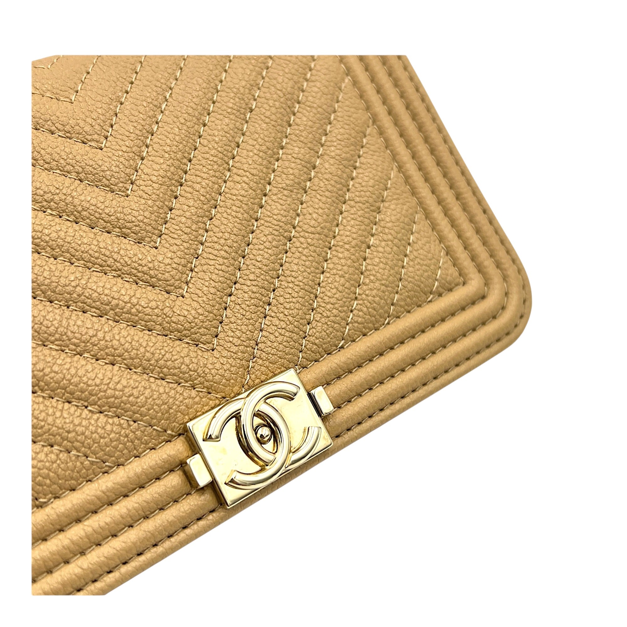 Boy Beige Wallet On Chain in Caviar Leather, Gold hardware