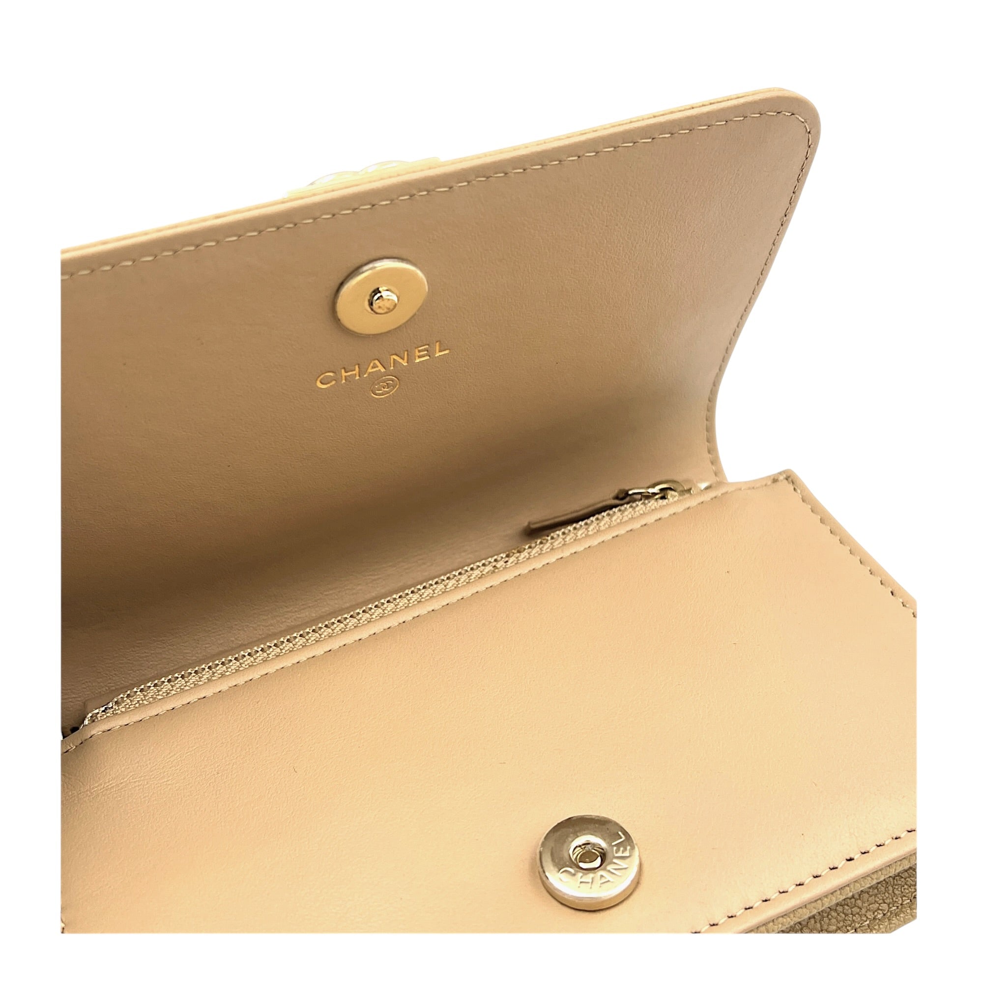 Boy Beige Wallet On Chain in Caviar Leather, Gold hardware