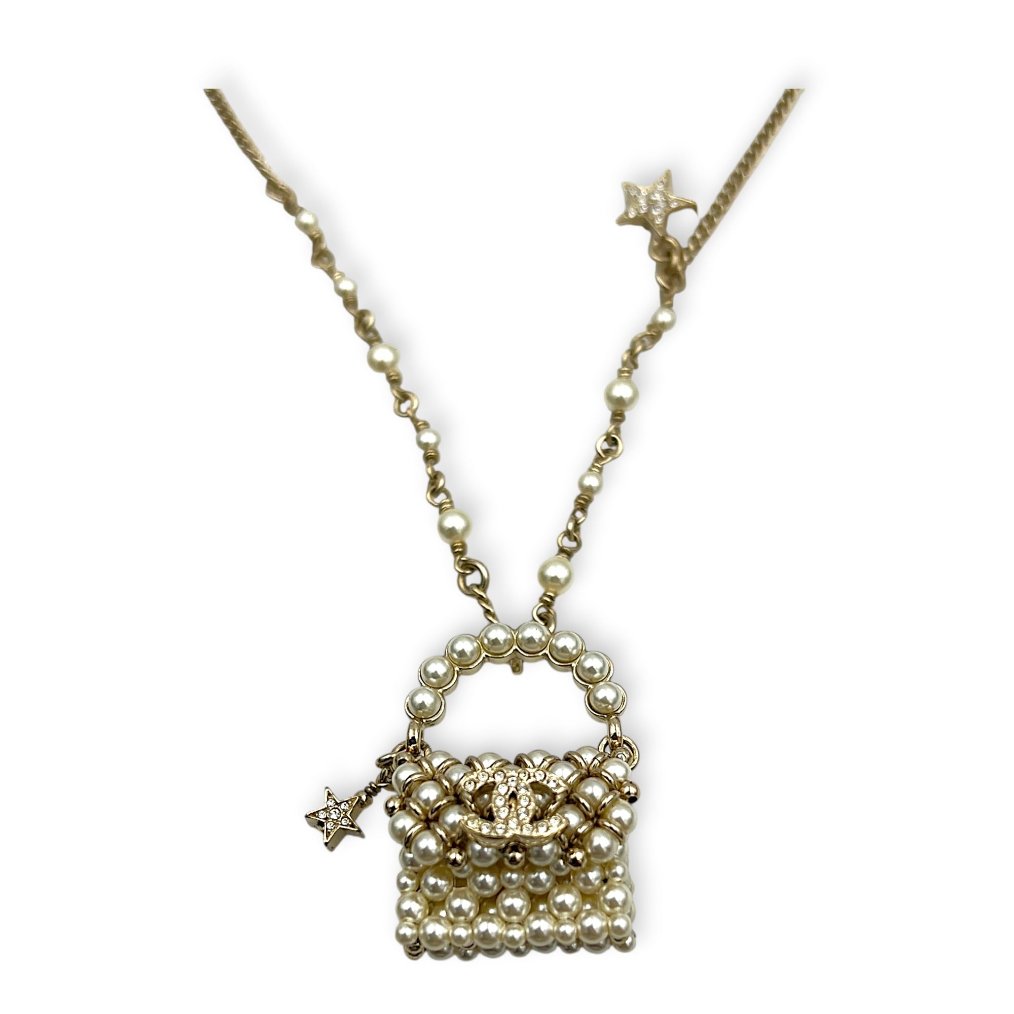 Mini Pearl Bag Gold Necklace in Metal, Gold hardware
