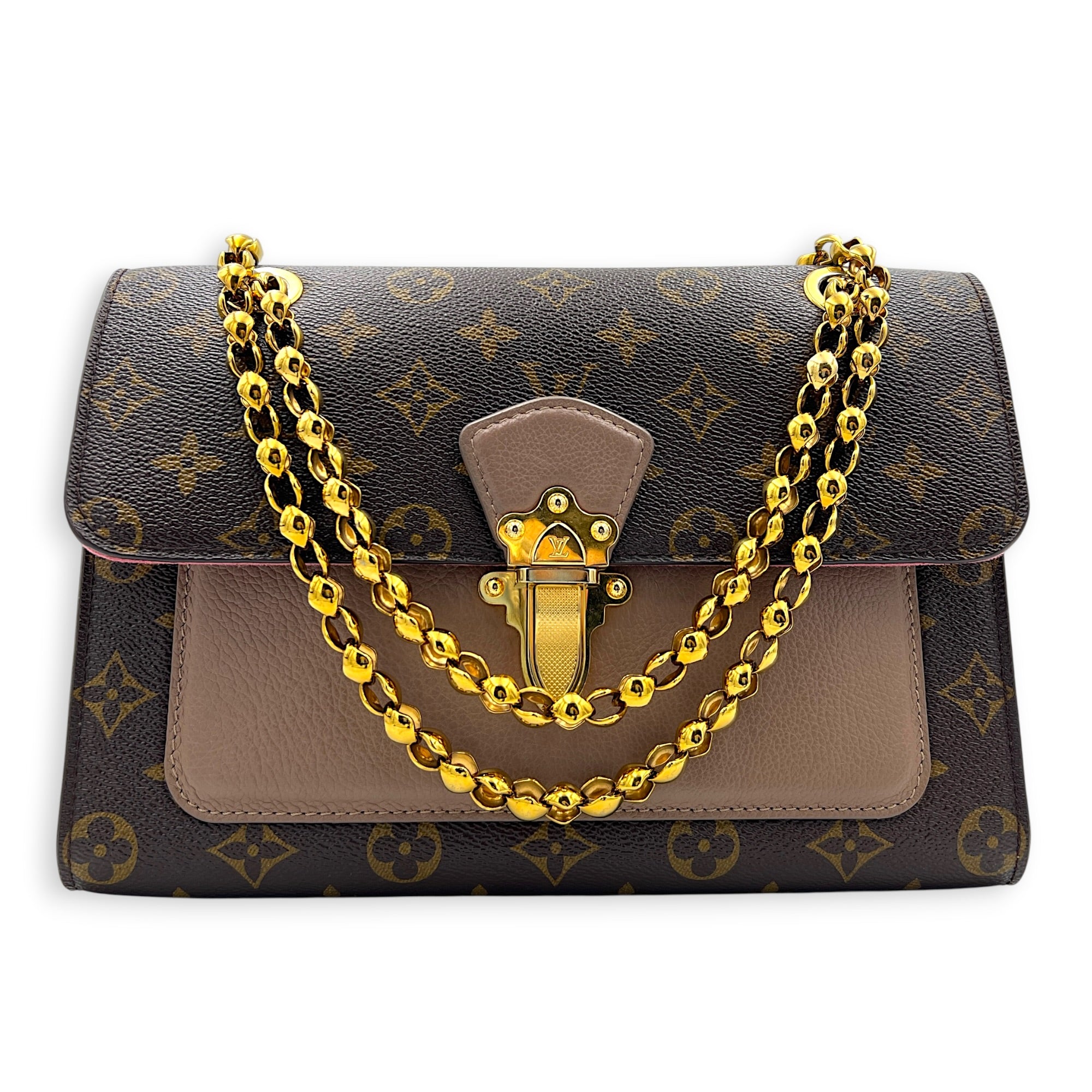 Victoire Shoulder Bag Brown in Coated Canvas, Gold hardware