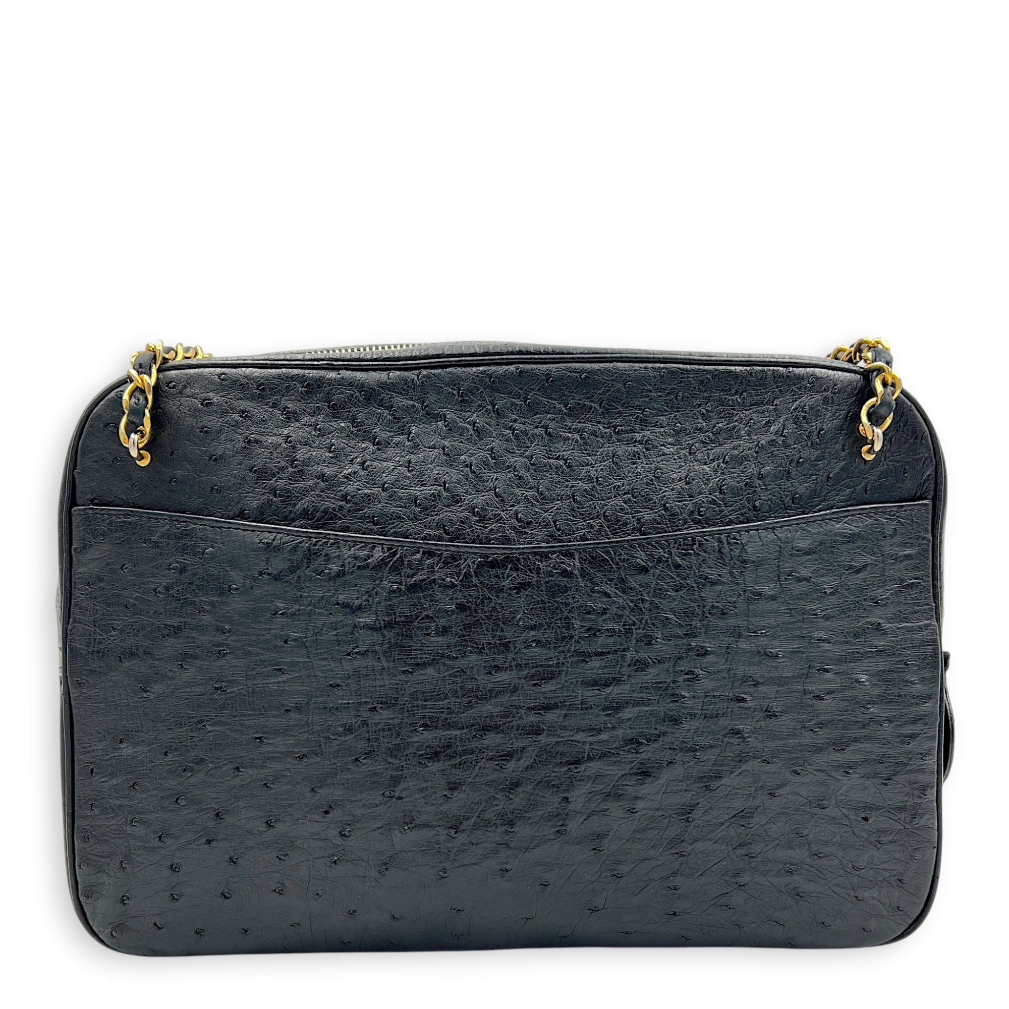 Vintage CC Shoulder Bag Black in Ostrich, Gold hardware