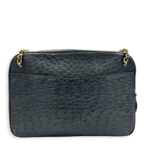 Vintage CC Shoulder Bag Black in Ostrich, Gold hardware
