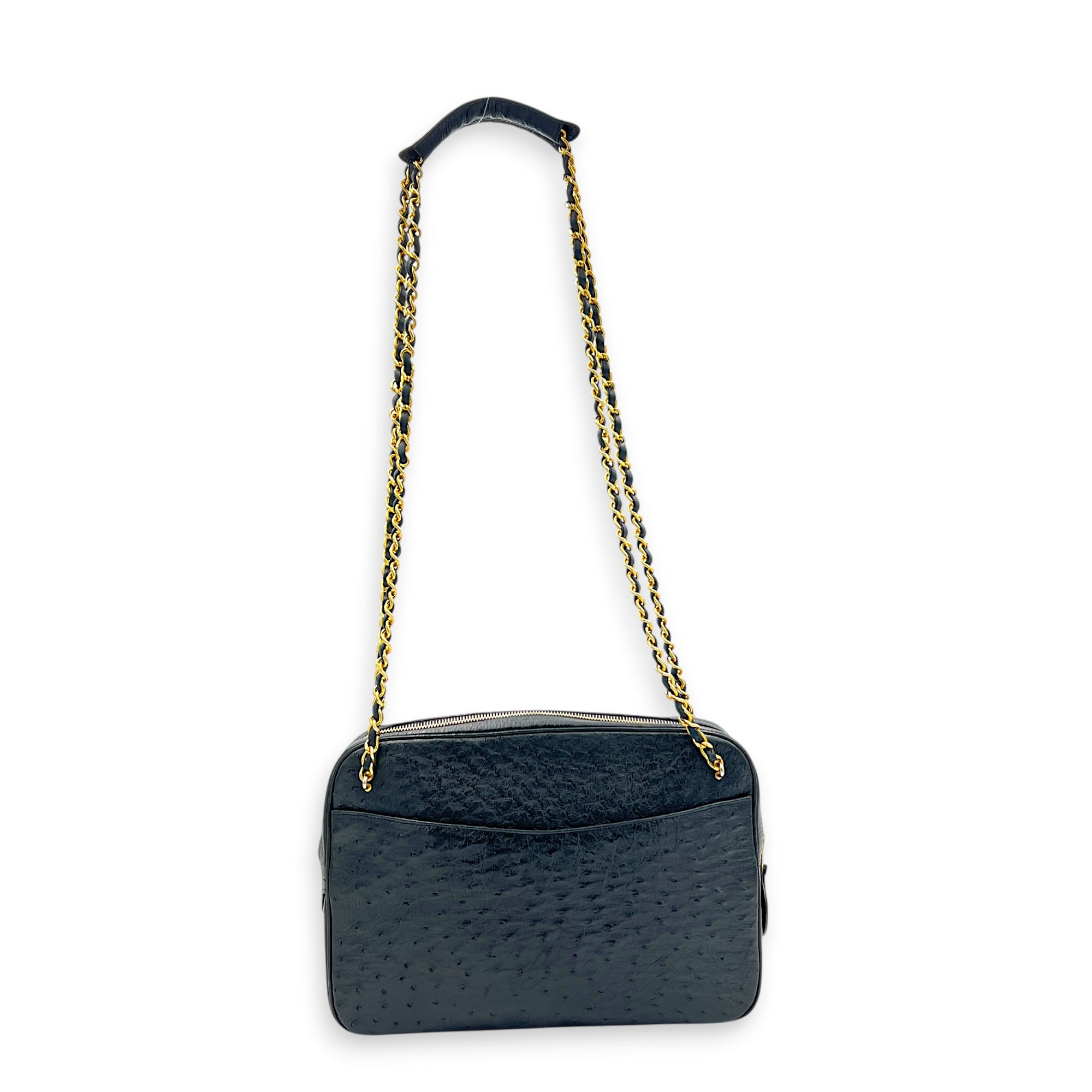 Vintage CC Shoulder Bag Black in Ostrich, Gold hardware
