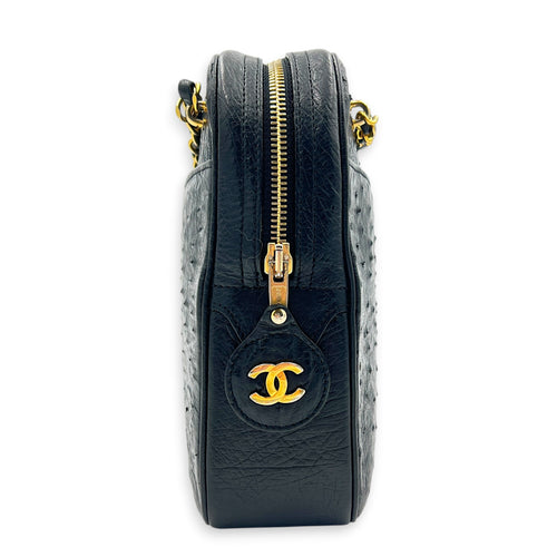 Vintage CC Shoulder Bag Black in Ostrich, Gold hardware