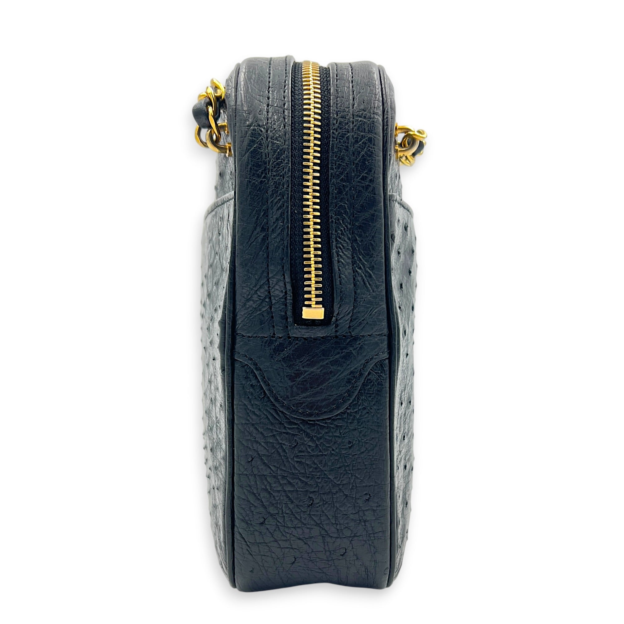 Vintage CC Shoulder Bag Black in Ostrich, Gold hardware