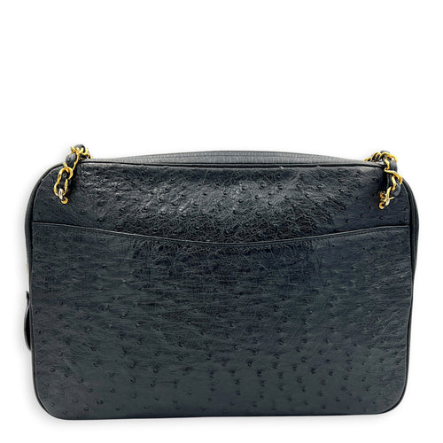 Vintage CC Shoulder Bag Black in Ostrich, Gold hardware