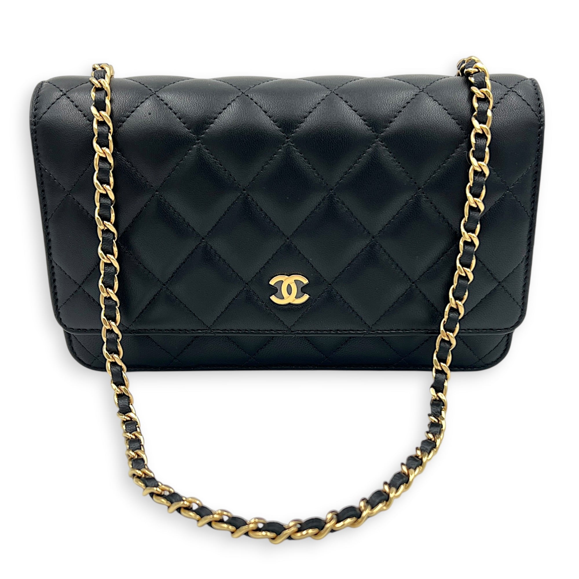 CC Wallet On Chain Black in Lambskin, Gold hardware