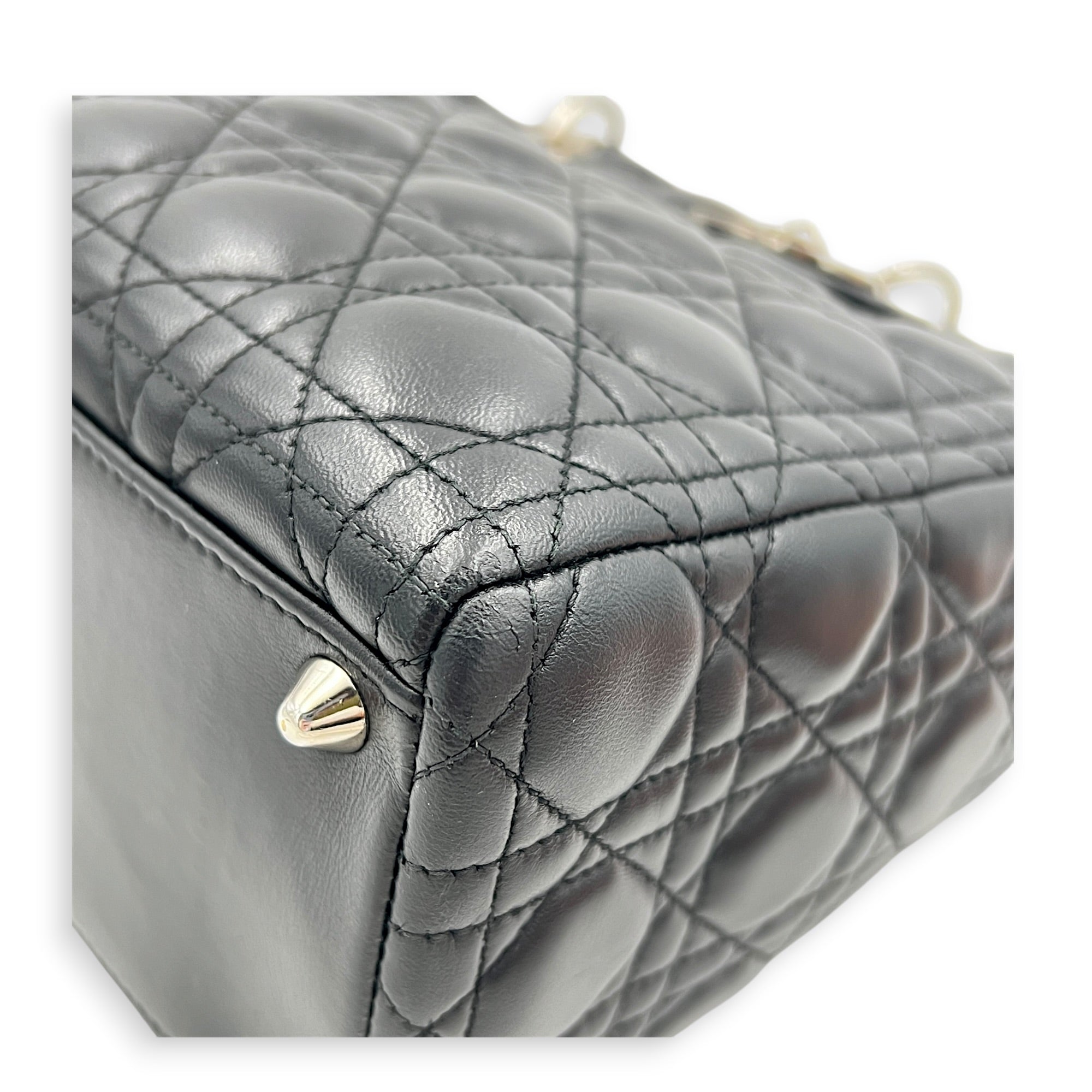 Lady Dior Large Black Top Handle Bag in Calfskin, Silver hardware