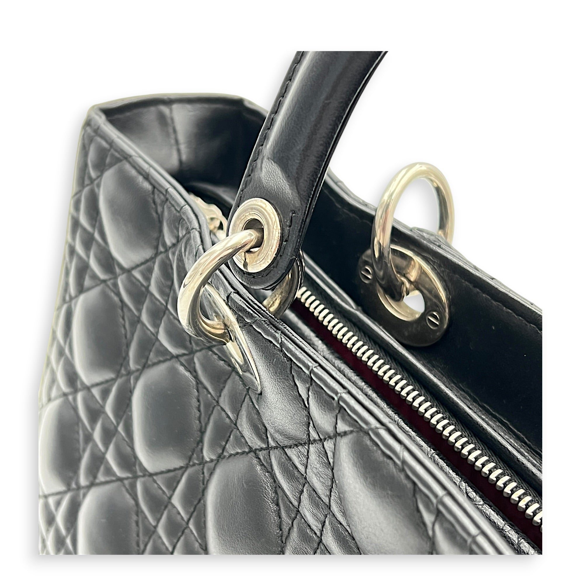 Lady Dior Large Black Top Handle Bag in Calfskin, Silver hardware