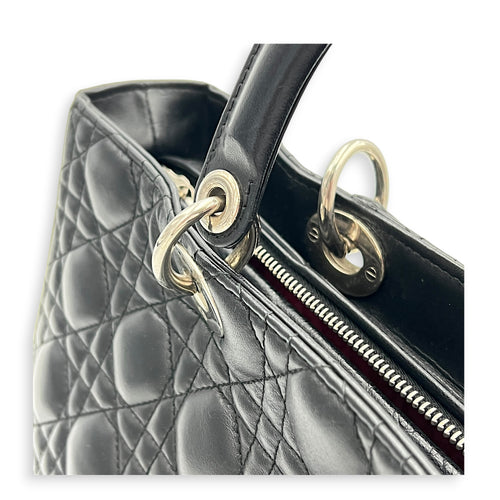 Lady Dior Large Black Top Handle Bag in Calfskin, Silver hardware