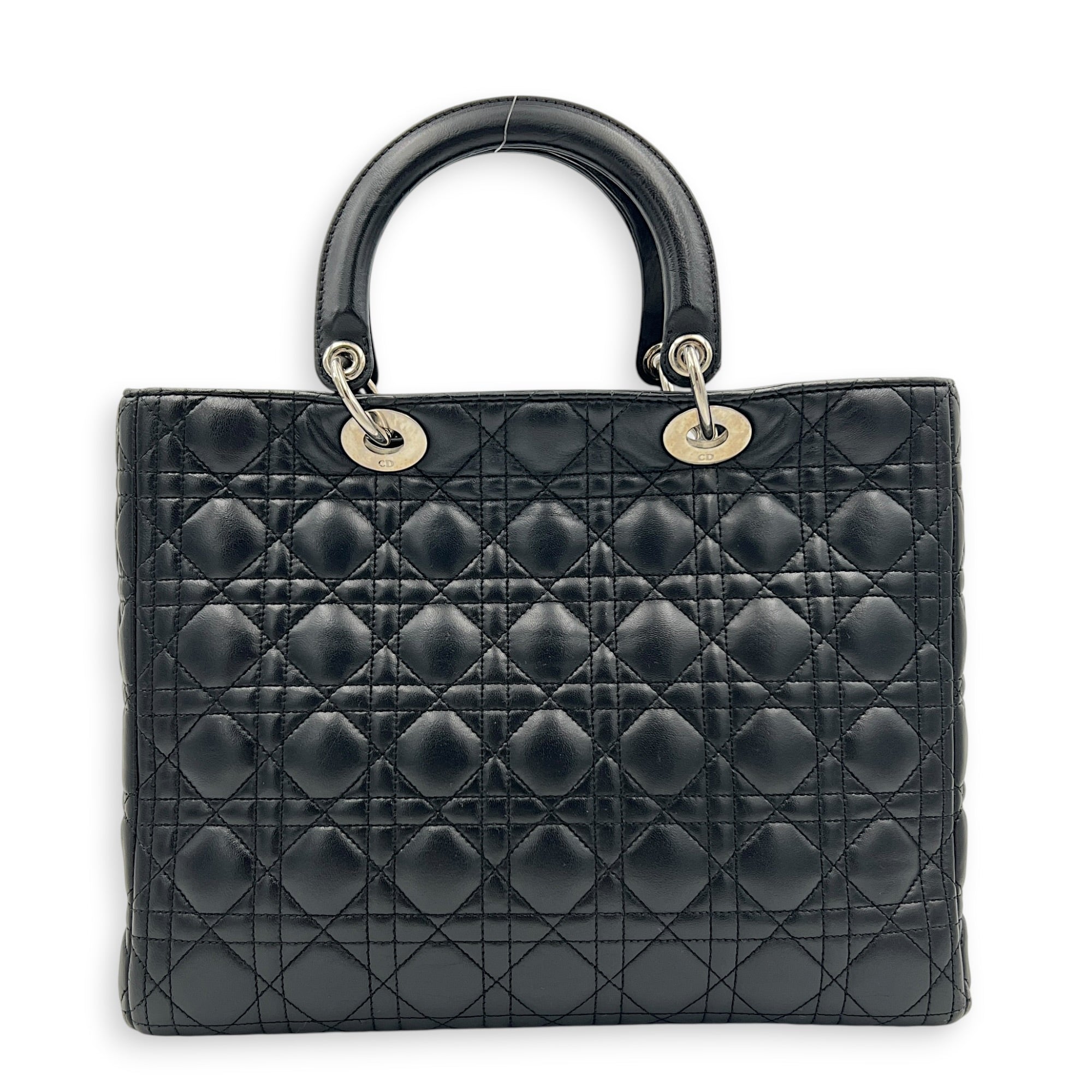 Lady Dior Large Black Top Handle Bag in Calfskin, Silver hardware