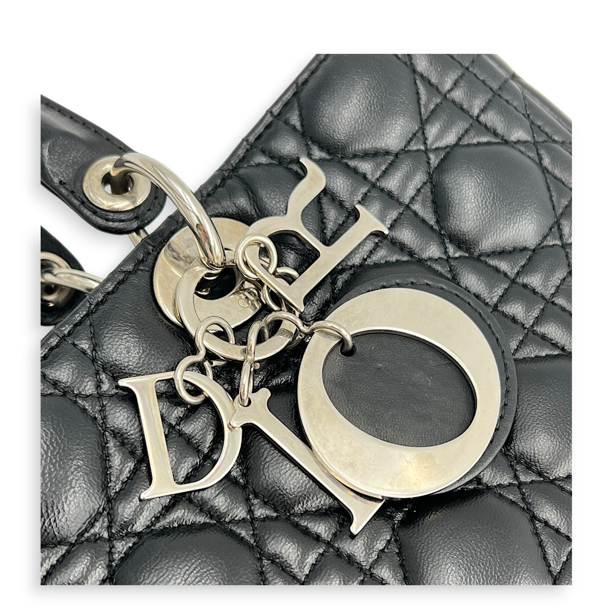 Lady Dior Large Black Top Handle Bag in Calfskin, Silver hardware