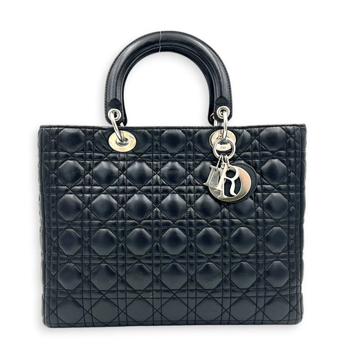 Lady Dior Large Black Top Handle Bag in Calfskin, Silver hardware