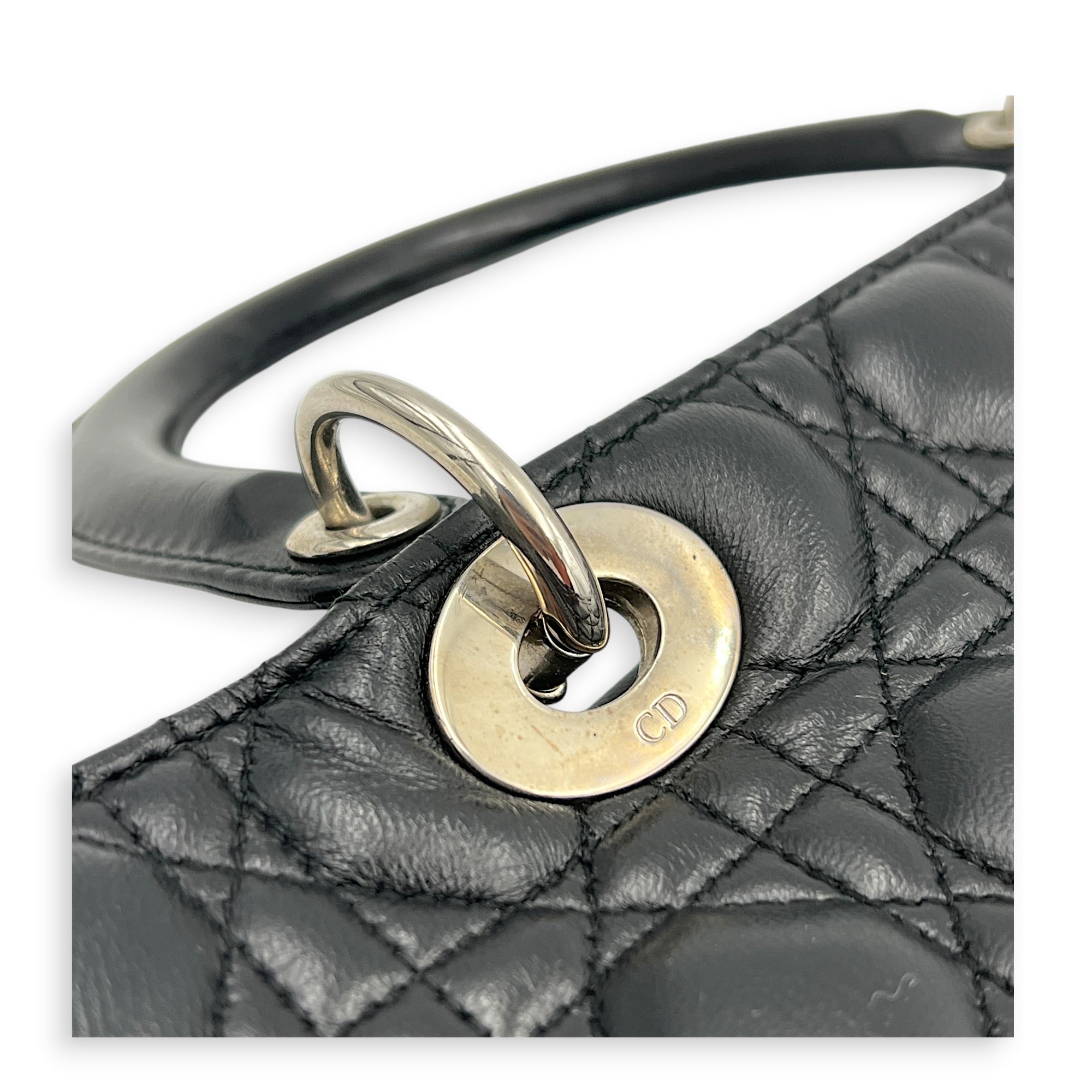 Lady Dior Large Black Top Handle Bag in Calfskin, Silver hardware