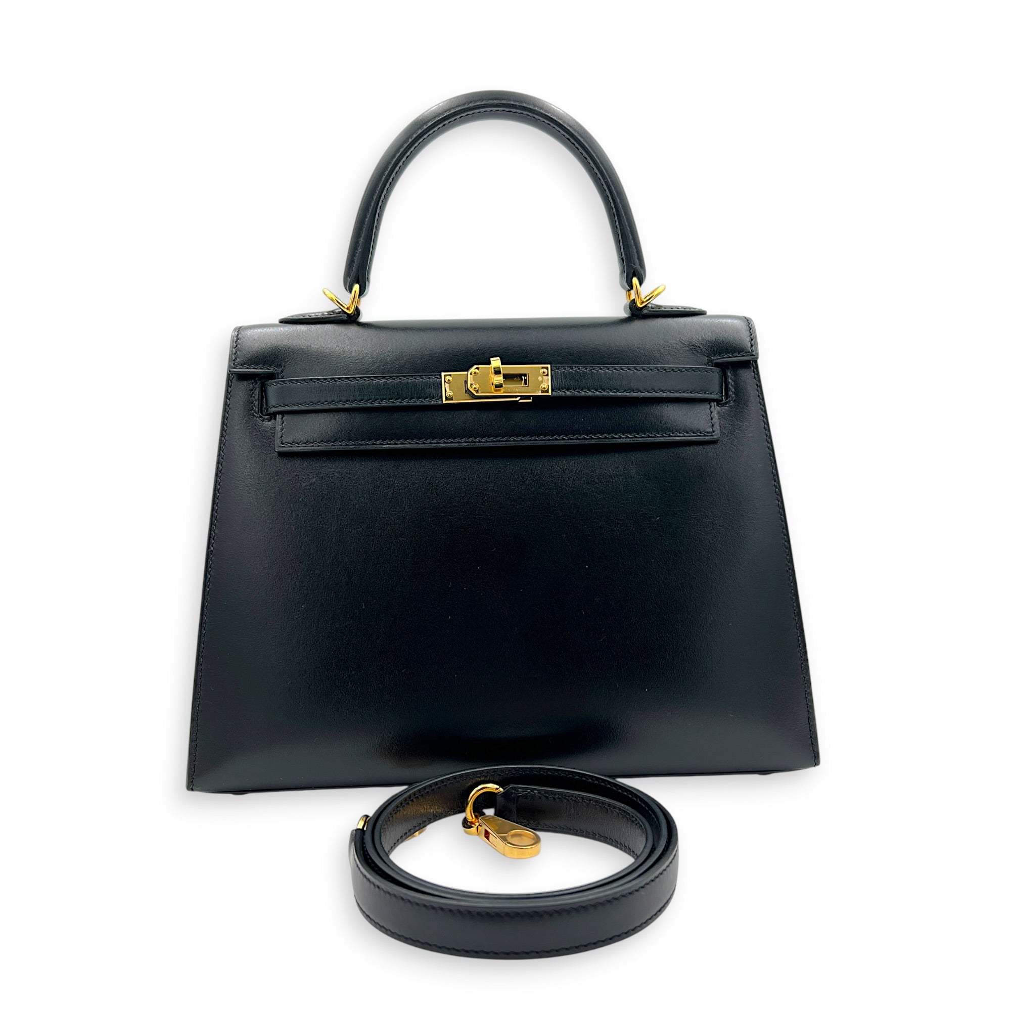 Sellier Kelly 25 Black Top Handle Bag in Box, Gold hardware