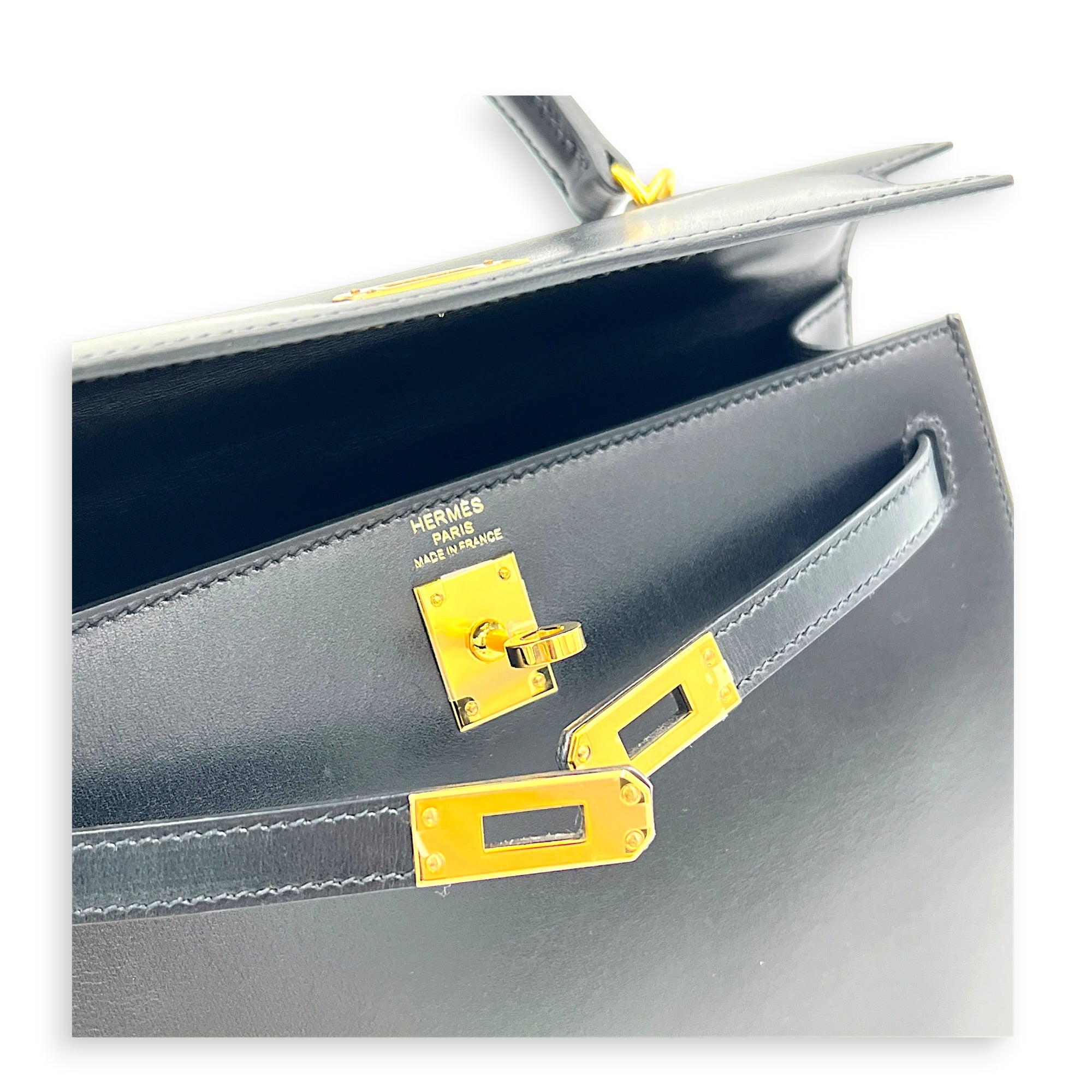 Sellier Kelly 25 Black Top Handle Bag in Box, Gold hardware