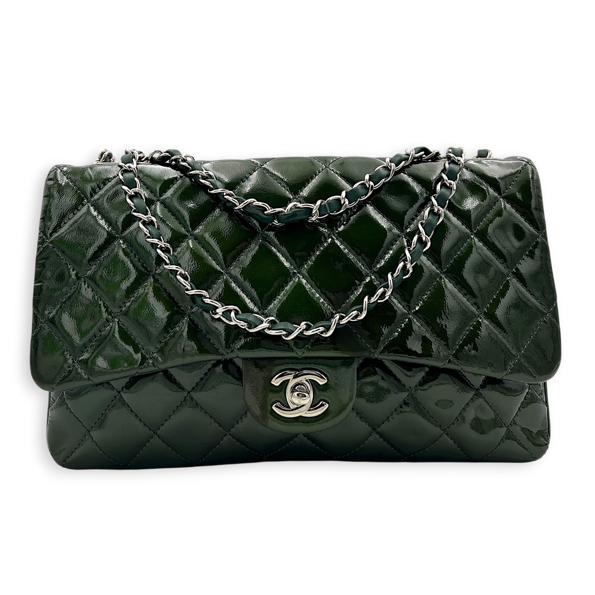 CC Shoulder Bag Green in Patent Leather, Silver hardware