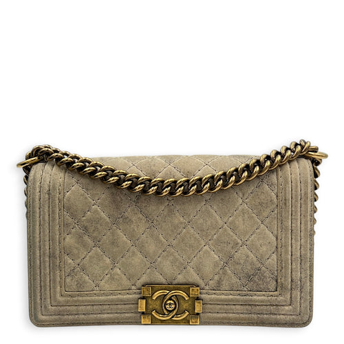 Boy Beige Crossbody Bag in Distressed Nubuck, Brushed Gold hardware