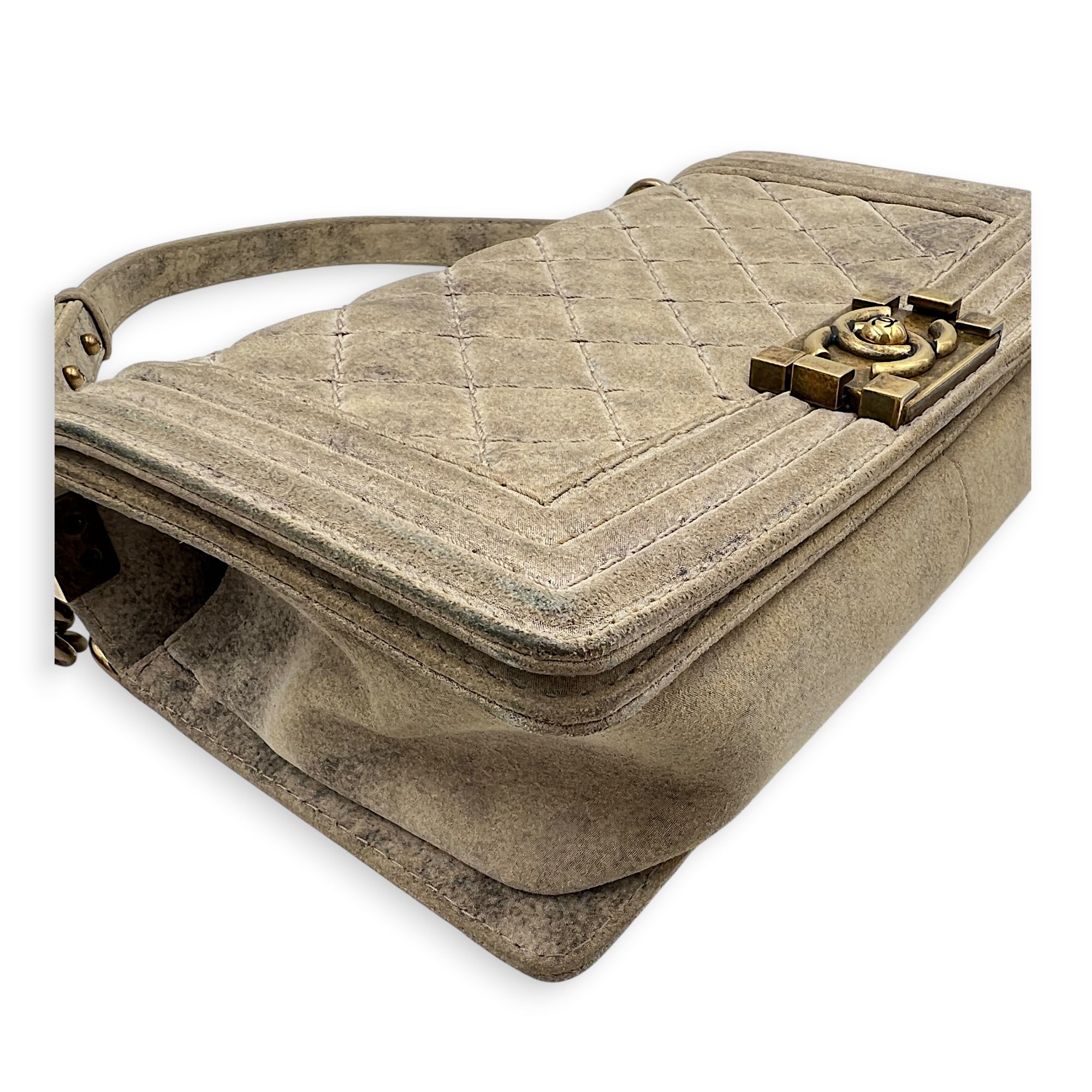 Boy Beige Crossbody Bag in Distressed Nubuck, Brushed Gold hardware