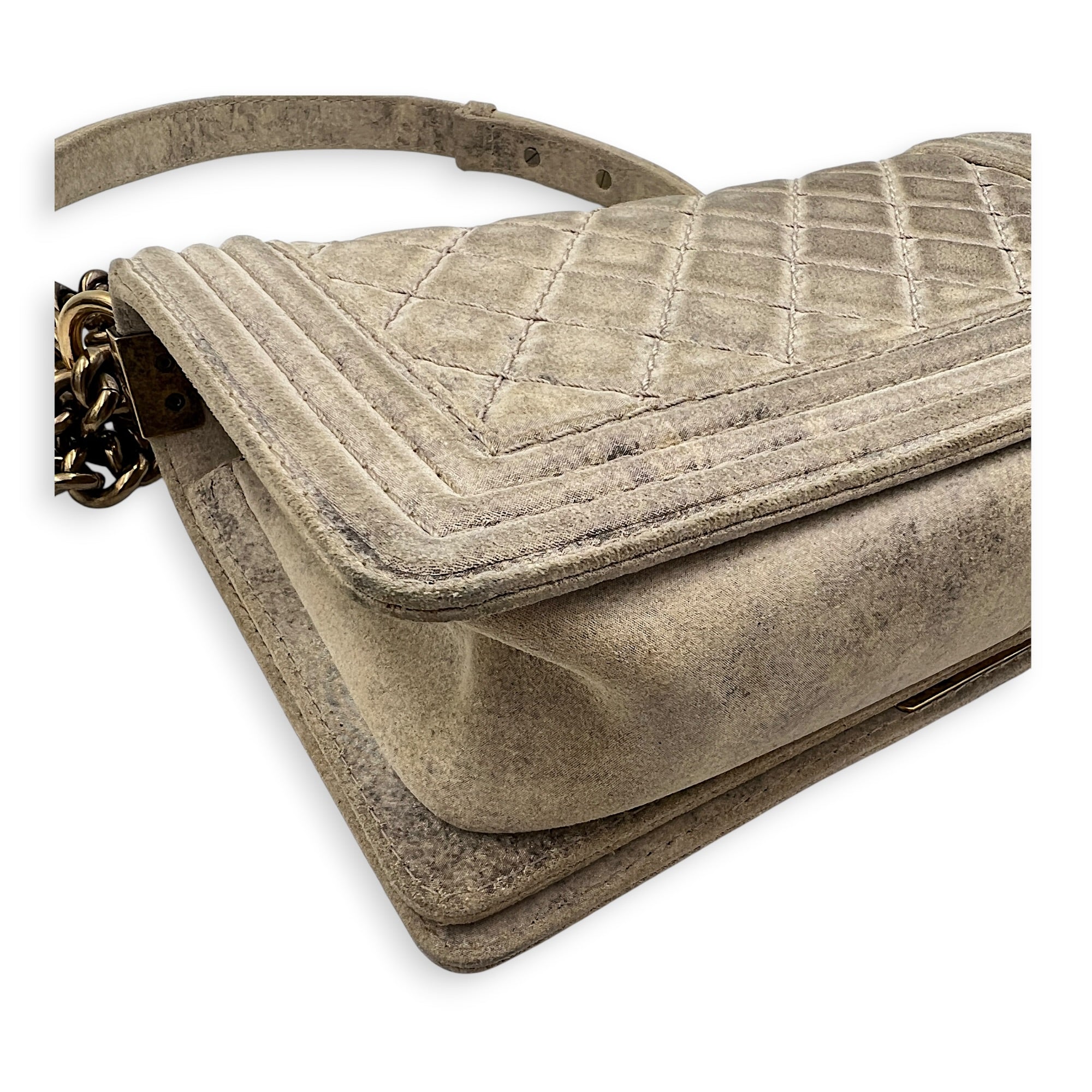 Boy Beige Crossbody Bag in Distressed Nubuck, Brushed Gold hardware