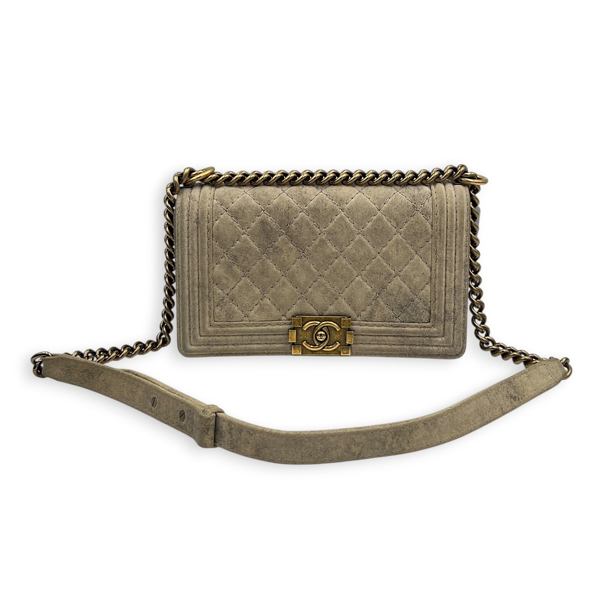 Boy Beige Crossbody Bag in Distressed Nubuck, Brushed Gold hardware