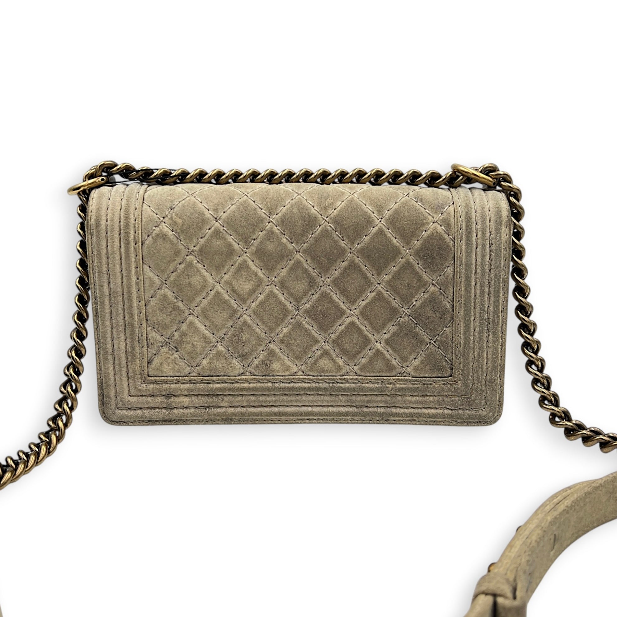 Boy Beige Crossbody Bag in Distressed Nubuck, Brushed Gold hardware