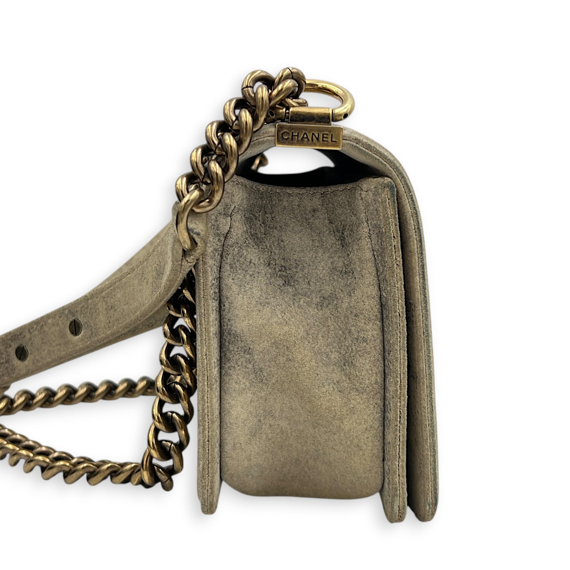 Boy Beige Crossbody Bag in Distressed Nubuck, Brushed Gold hardware