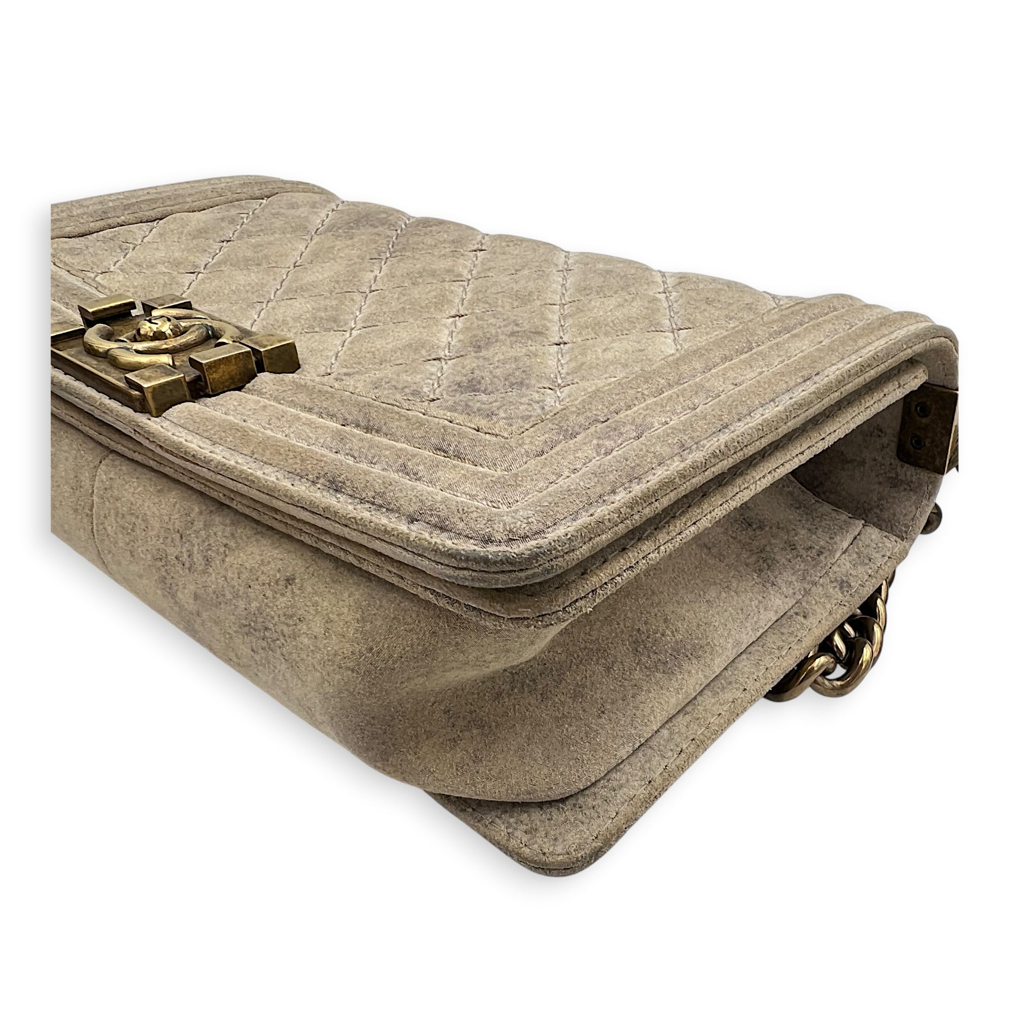 Boy Beige Crossbody Bag in Distressed Nubuck, Brushed Gold hardware