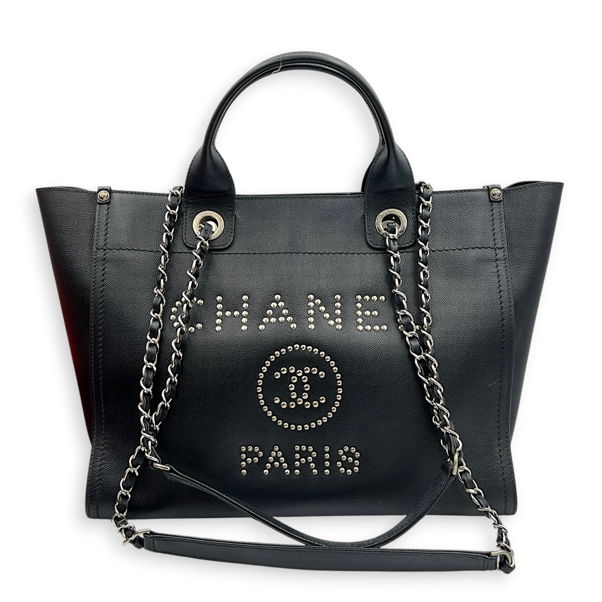 Deauville Tote Bag Black in Caviar Leather, Silver hardware