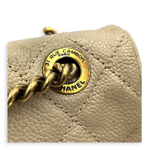 Easy Flap Shoulder Bag Beige in Caviar Leather, Gold hardware