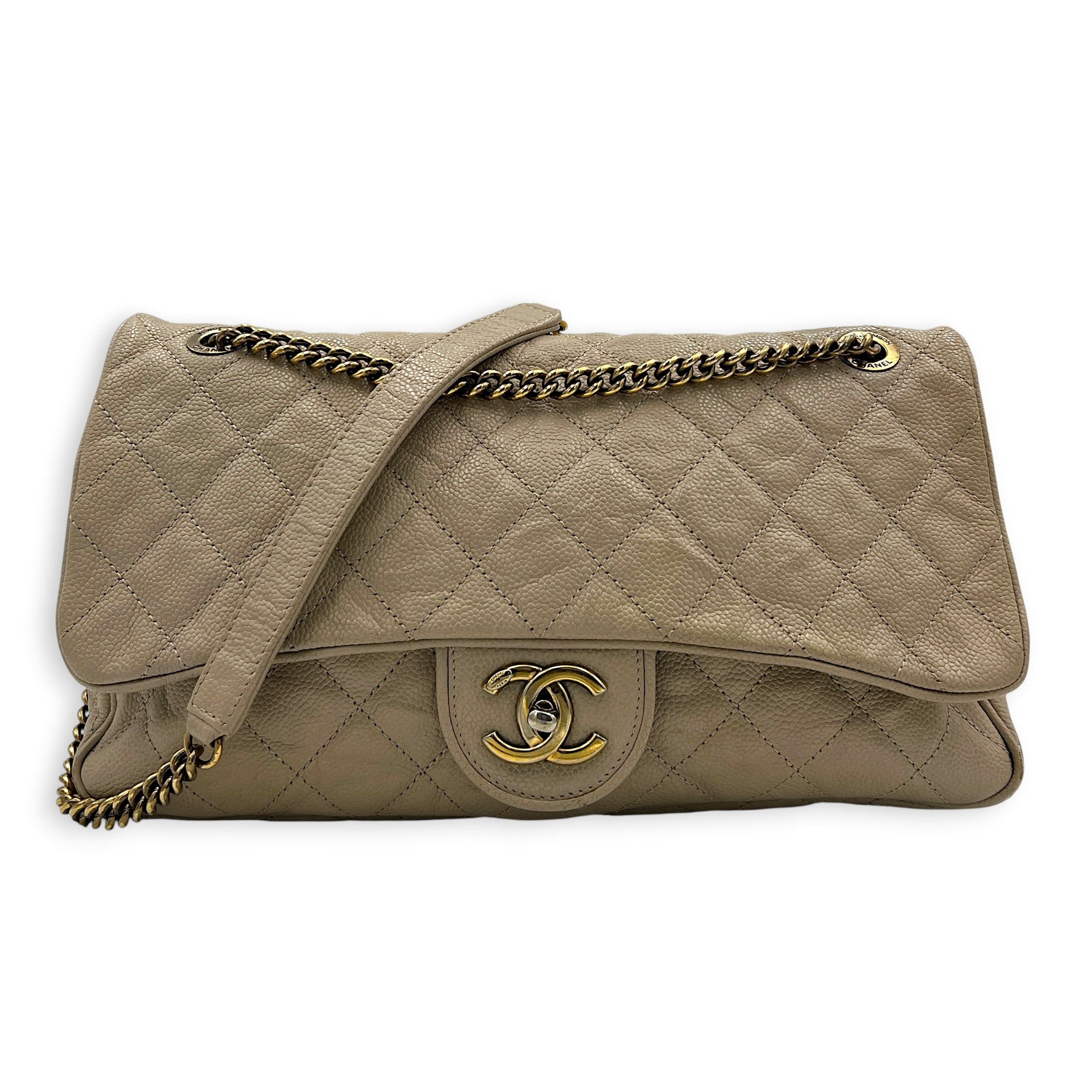 Easy Flap Shoulder Bag Beige in Caviar Leather, Gold hardware