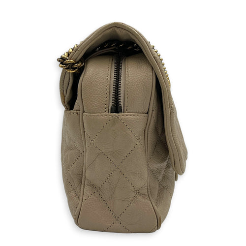 Easy Flap Shoulder Bag Beige in Caviar Leather, Gold hardware