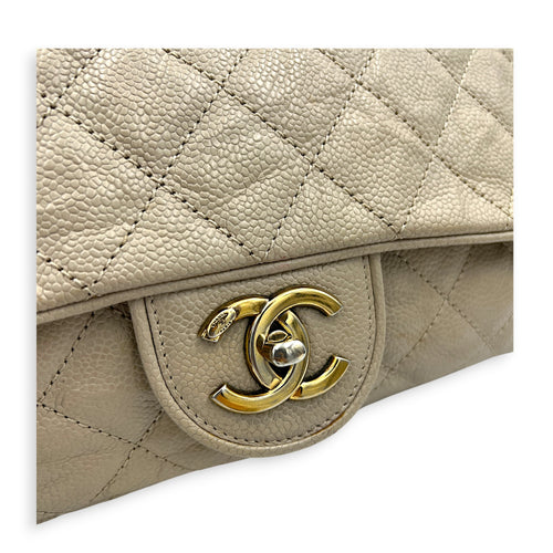 Easy Flap Shoulder Bag Beige in Caviar Leather, Gold hardware