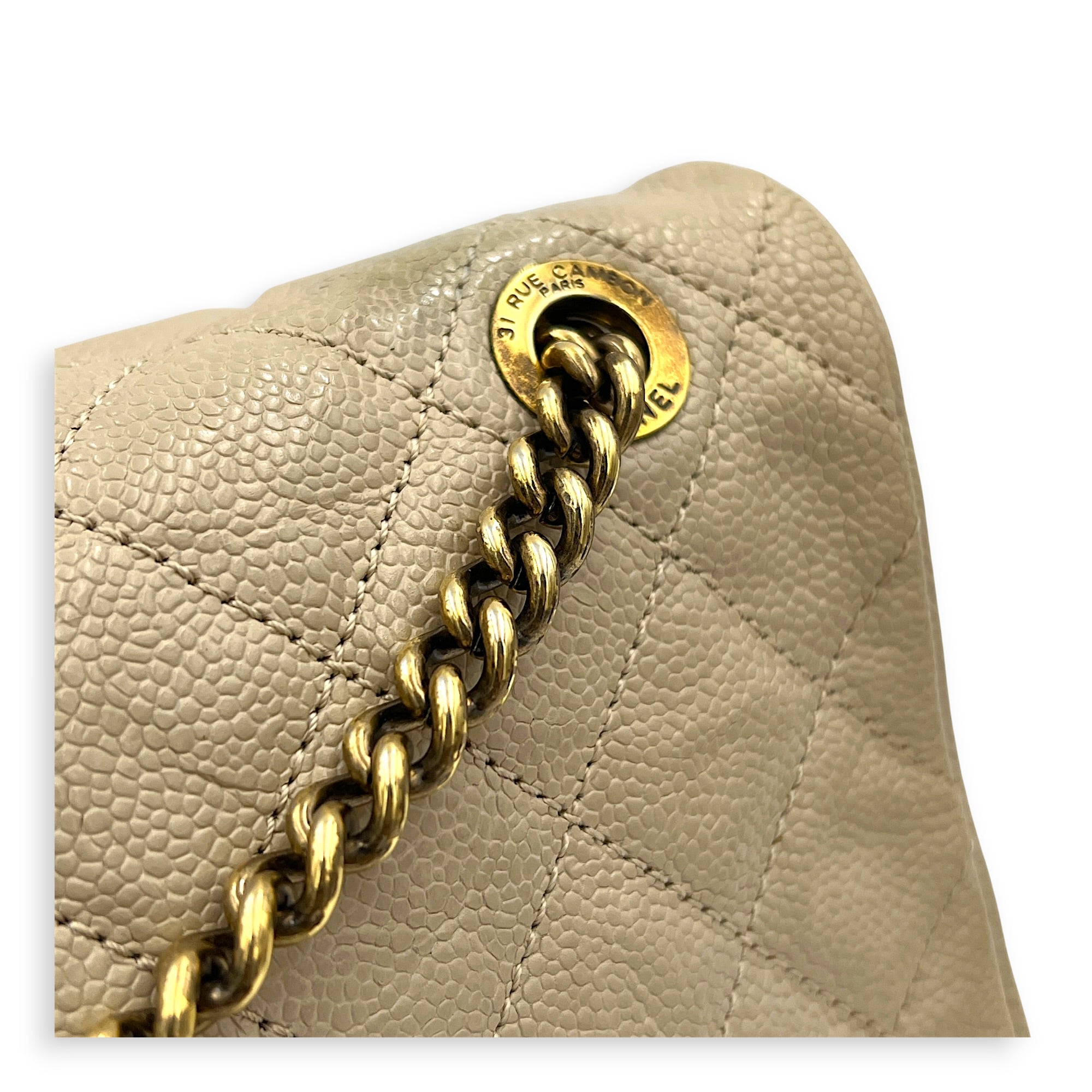 Easy Flap Shoulder Bag Beige in Caviar Leather, Gold hardware
