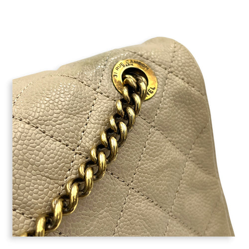 Easy Flap Shoulder Bag Beige in Caviar Leather, Gold hardware