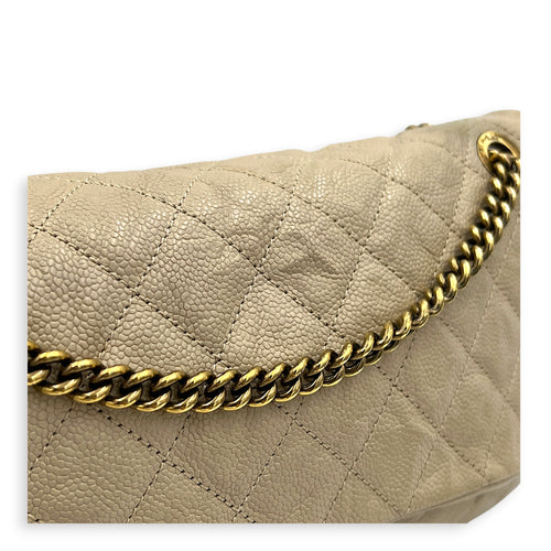 Easy Flap Shoulder Bag Beige in Caviar Leather, Gold hardware
