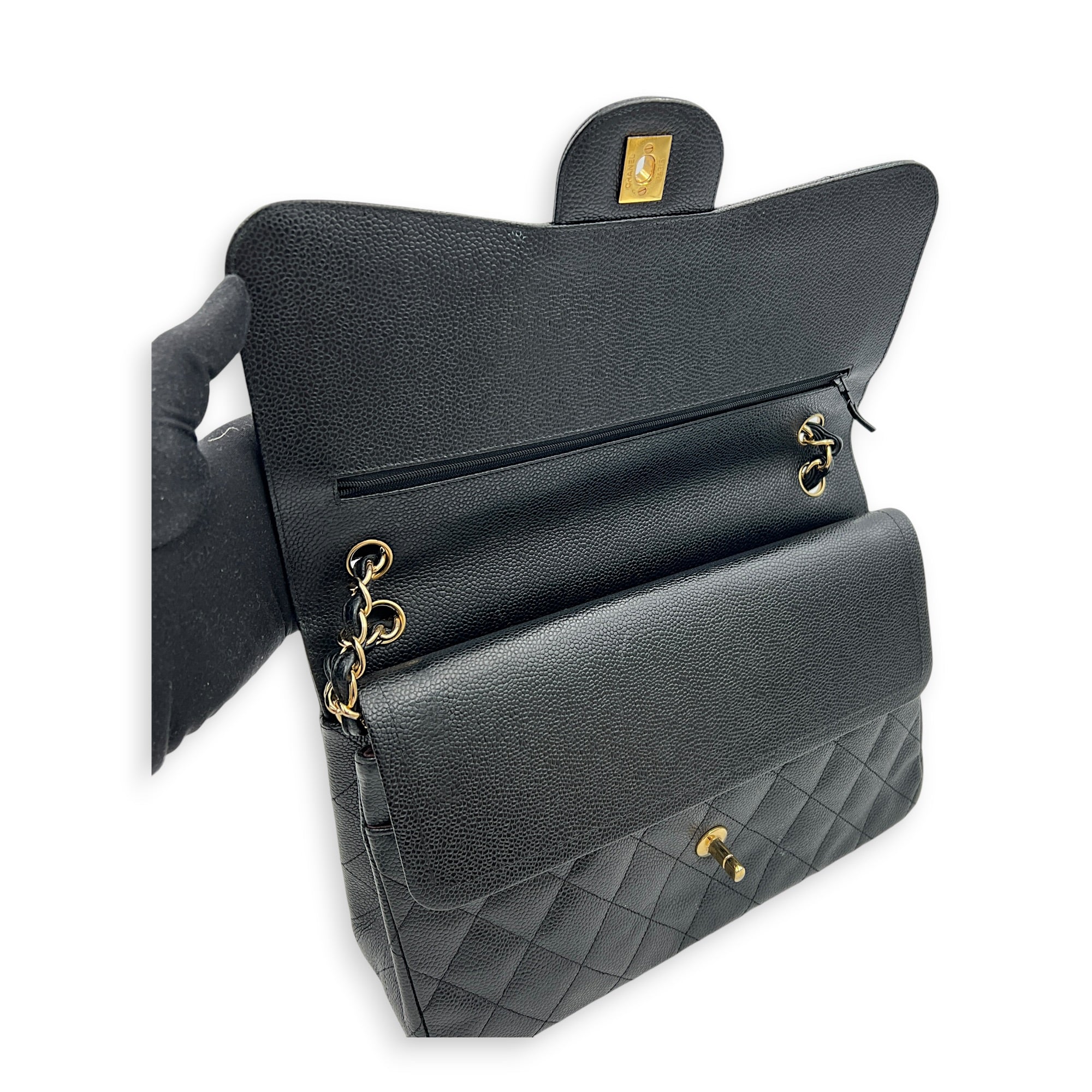 Classic Double Flap Crossbody Bag Jumbo Black in Caviar Leather, Gold hardware