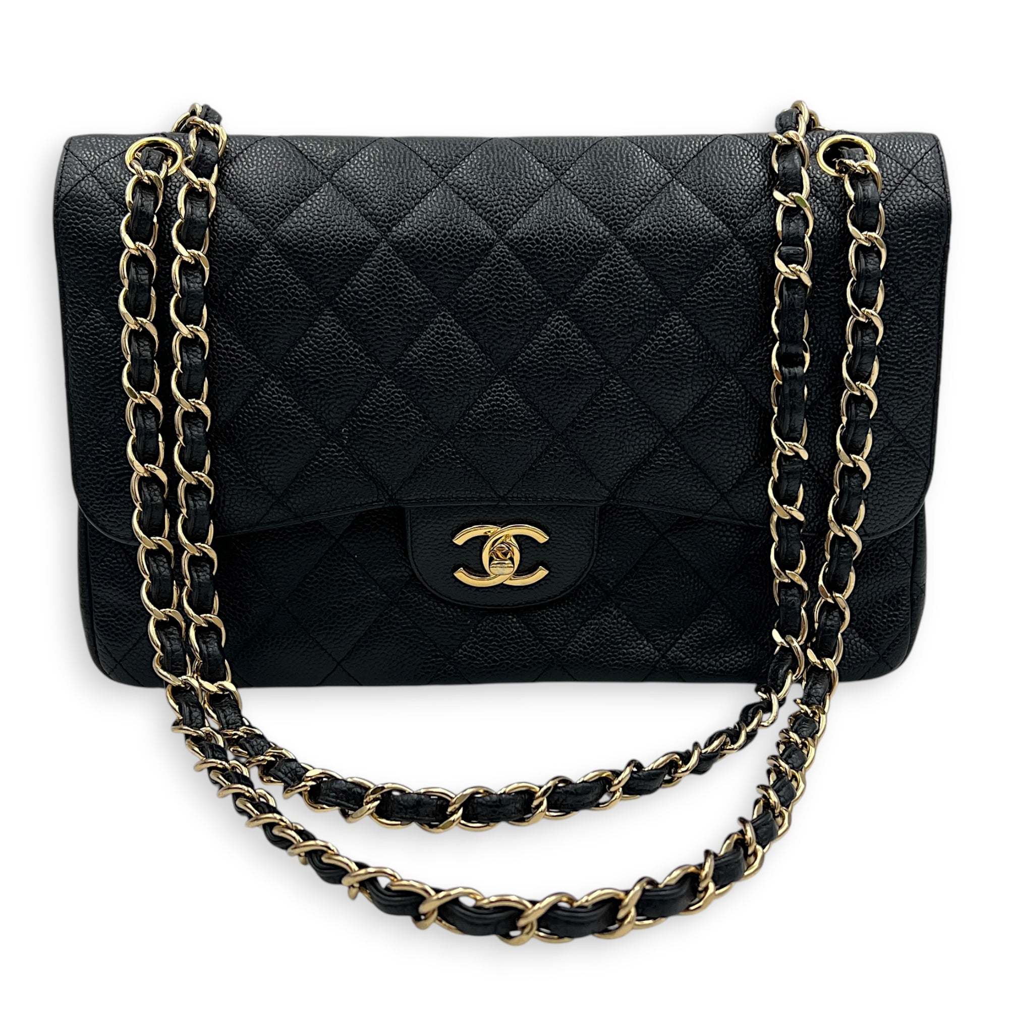 Classic Double Flap Crossbody Bag Jumbo Black in Caviar Leather, Gold hardware