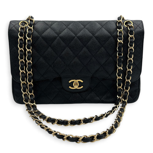 Classic Double Flap Crossbody Bag Jumbo Black in Caviar Leather, Gold hardware