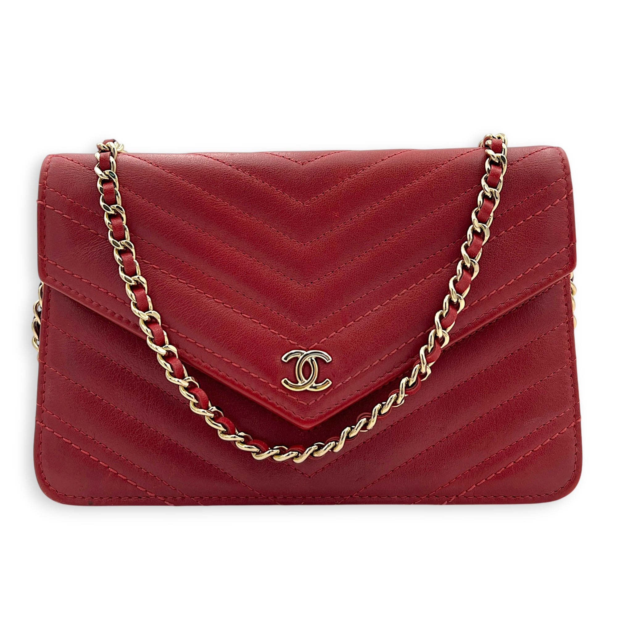 Chevron Statement Pink Wallet On Chain in Calfskin, Gold hardware