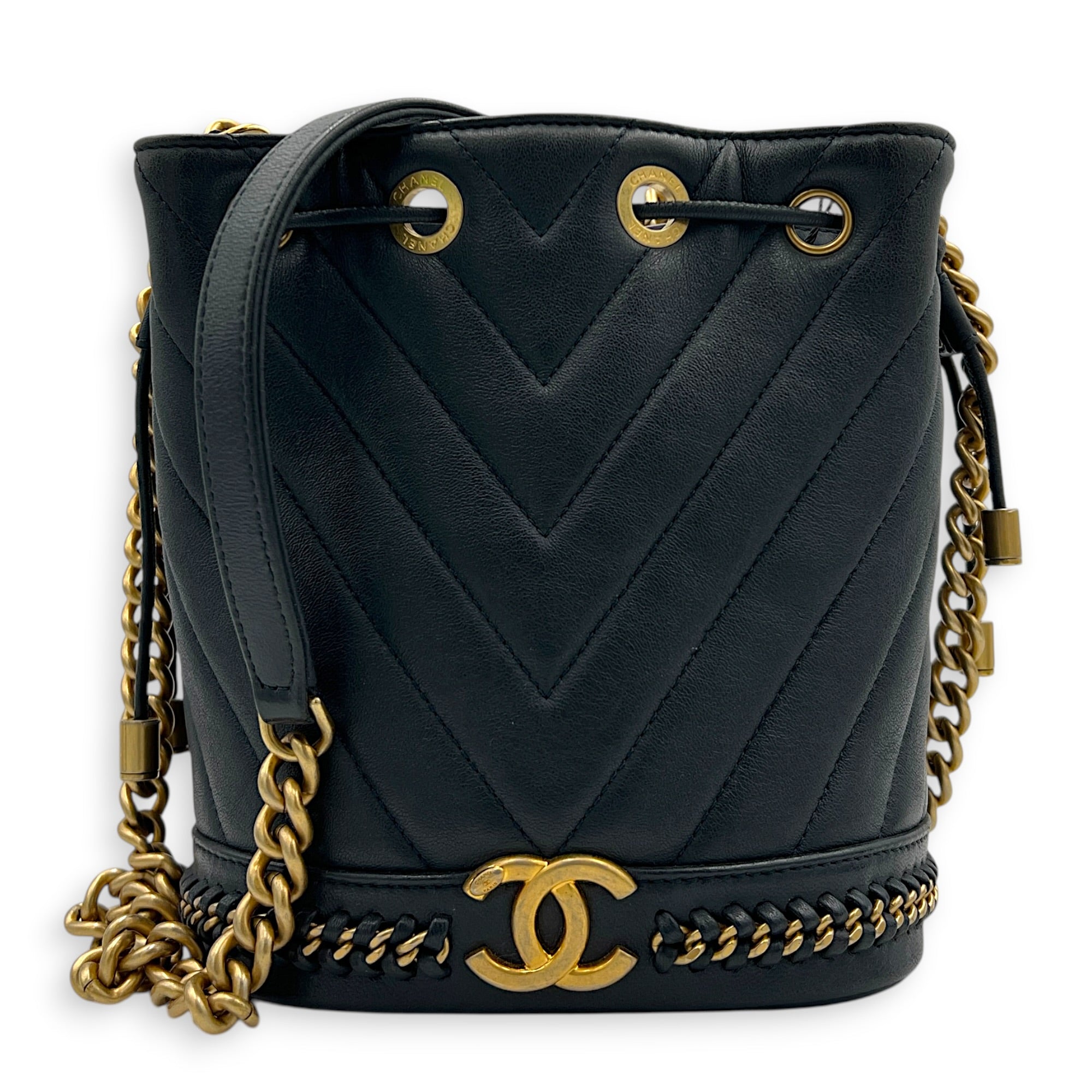 Paris-Cosmopolite Blue Bucket Bag in Calfskin, Gold hardware