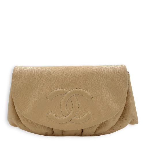 Half Moon Wallet On Chain Beige in Caviar Leather, Gold hardware