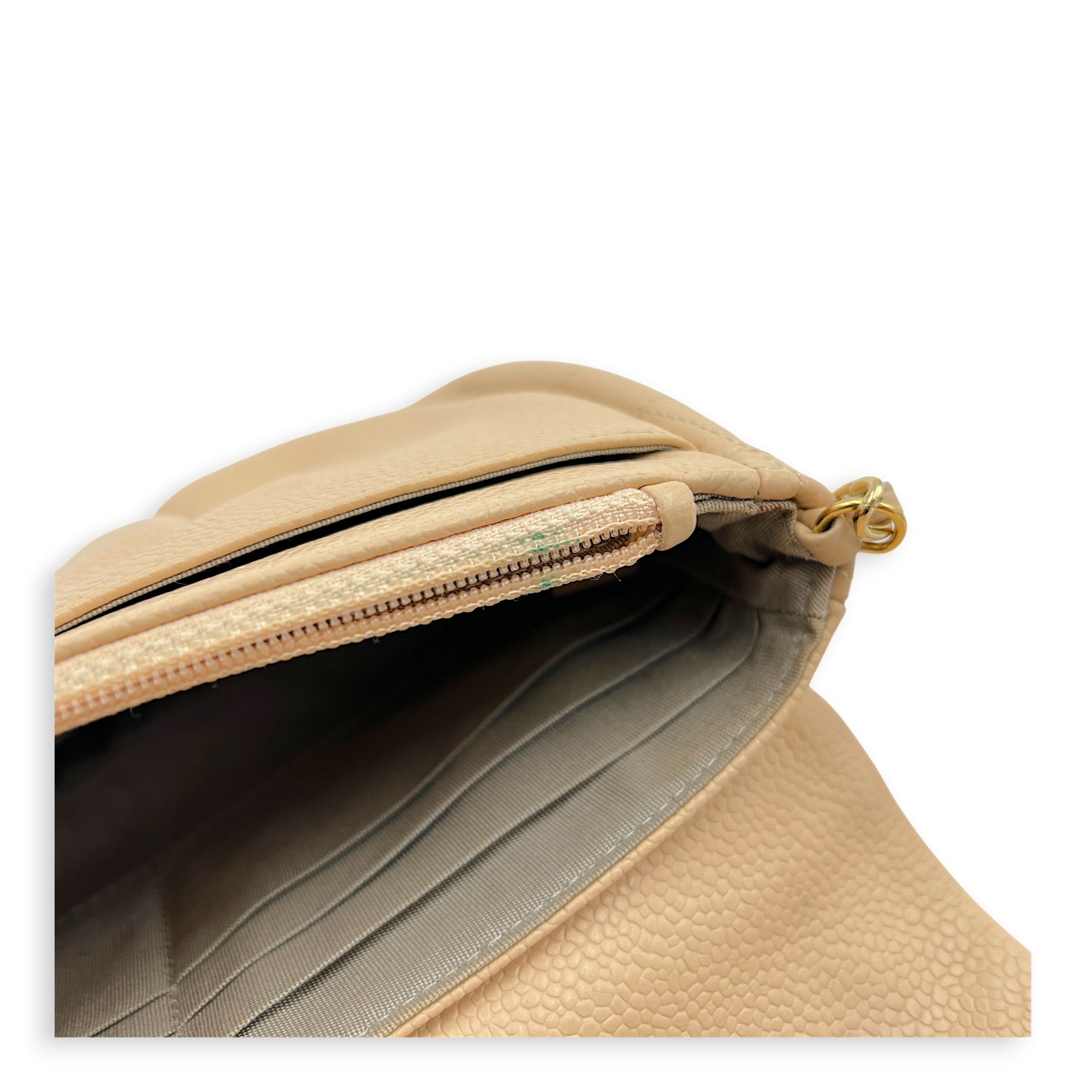 Half Moon Wallet On Chain Beige in Caviar Leather, Gold hardware
